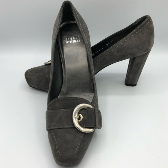 Stuart Weitzman Charcoal Suede 'Edit' Square Toe Pumps - Picture 1 of 12